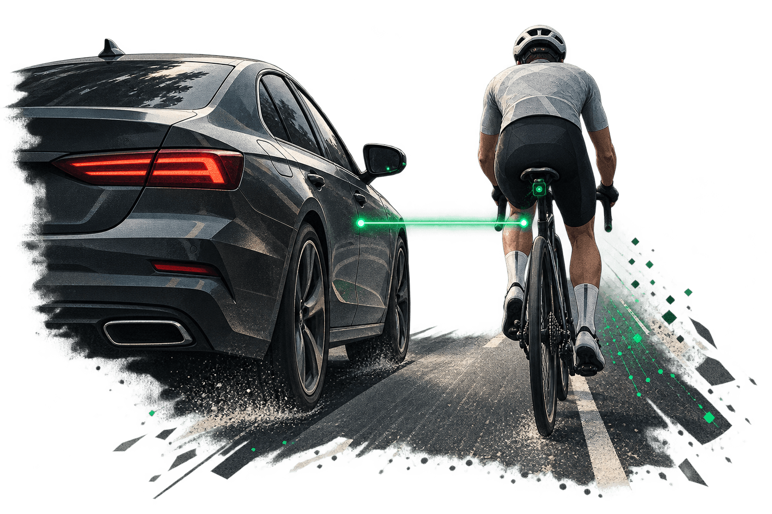 A car passing a cyclist close enough to crowd the lane, the gap between them measured by a green beam running from the car's mirror to the bike.