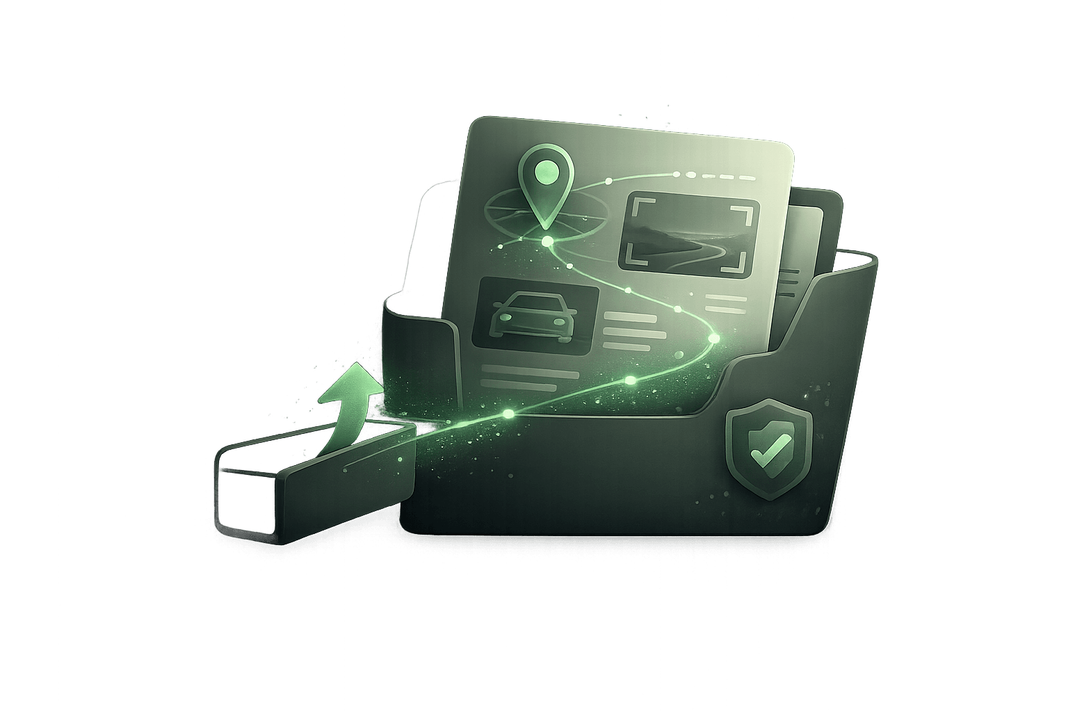 A finished incident pack rising out of a folder: route map, annotated frame, vehicle details, and a verified seal.