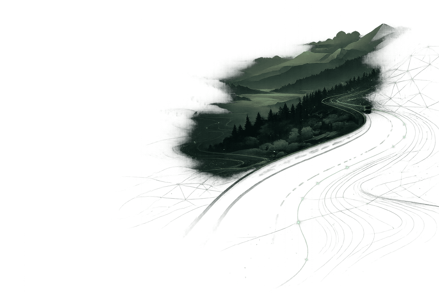 A dark mountain road at night with a cyclist and a car, the route trailing off into a scattered mesh of light.