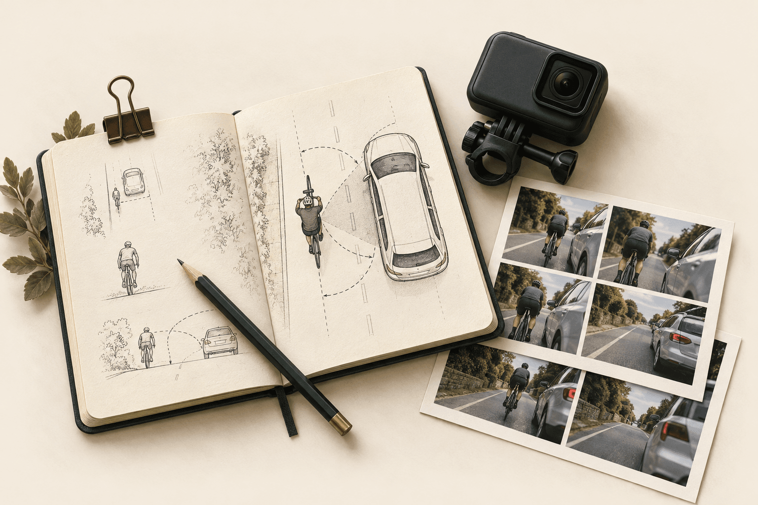 An open cycling research notebook with pass diagrams, a bike camera and ride photographs