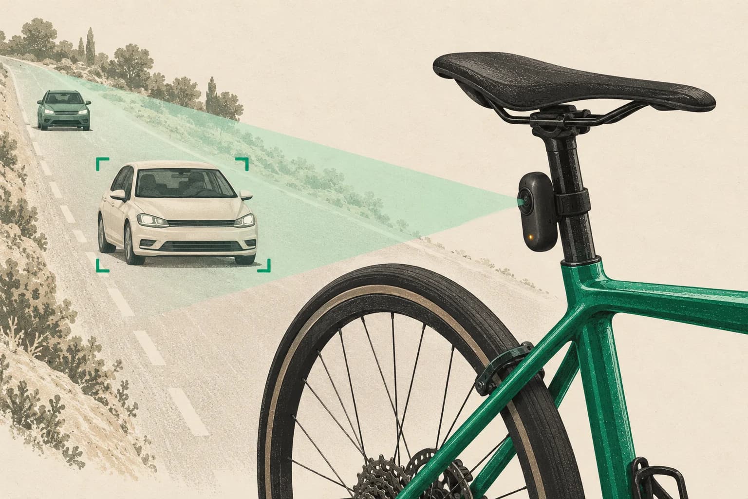 A rear-facing camera mounted beneath a bicycle saddle watches two cars approaching from behind, with a mint field of view and green tracking brackets.