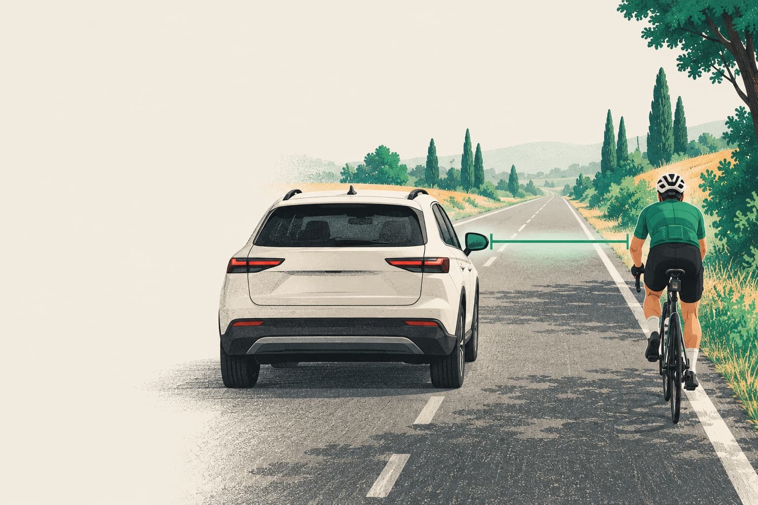 A cyclist and a passing vehicle with the space between them measured