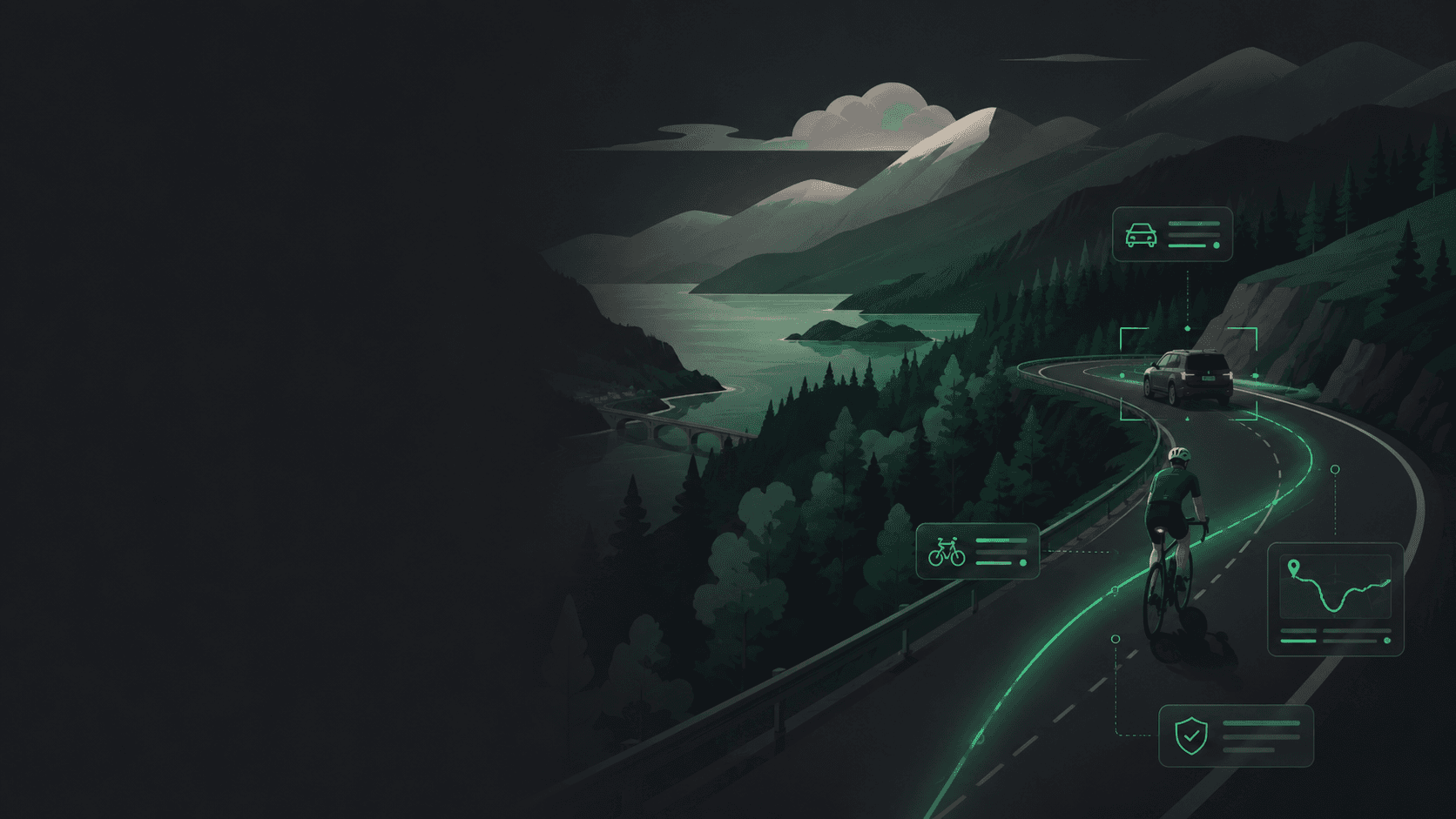 A cyclist riding a coastal mountain road at dusk, with close-pass detection HUD overlays tracking a passing car